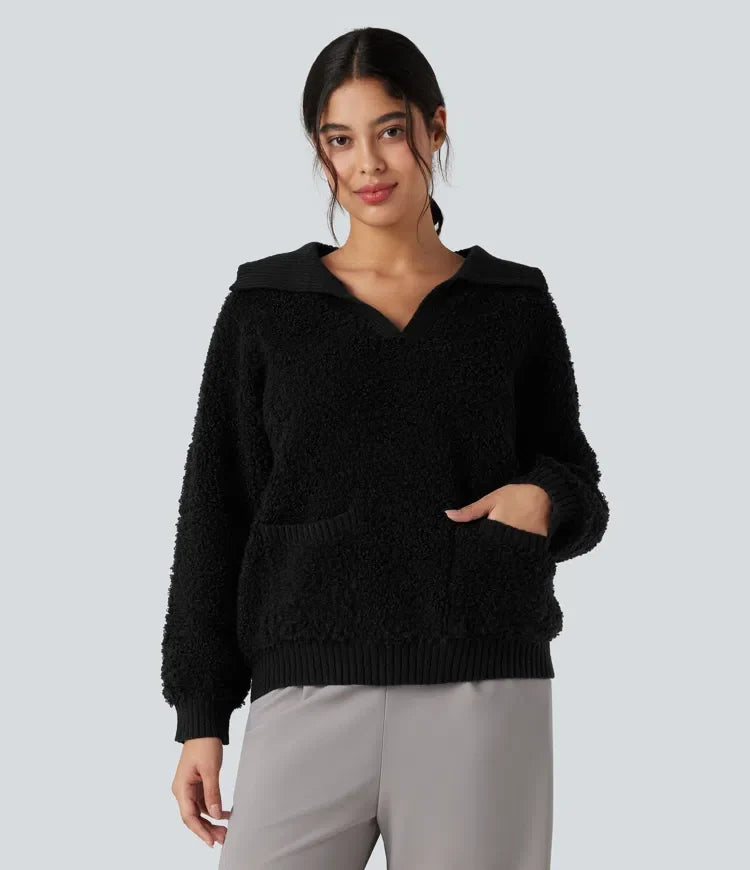 Lapel Reglan Long Sleeve Work Jumper with Pockets