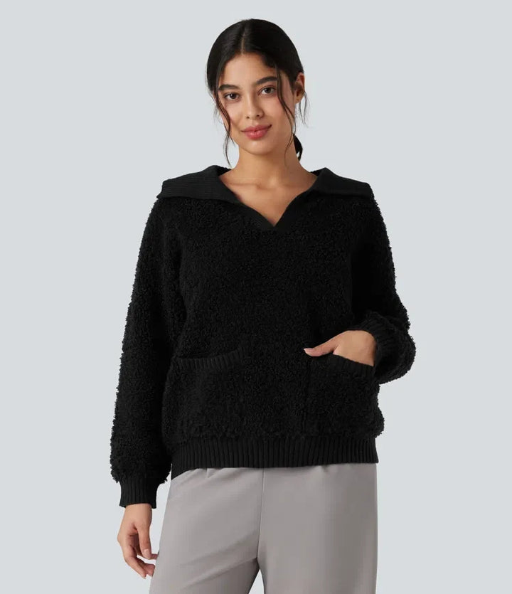 Lapel Reglan Long Sleeve Work Jumper with Pockets