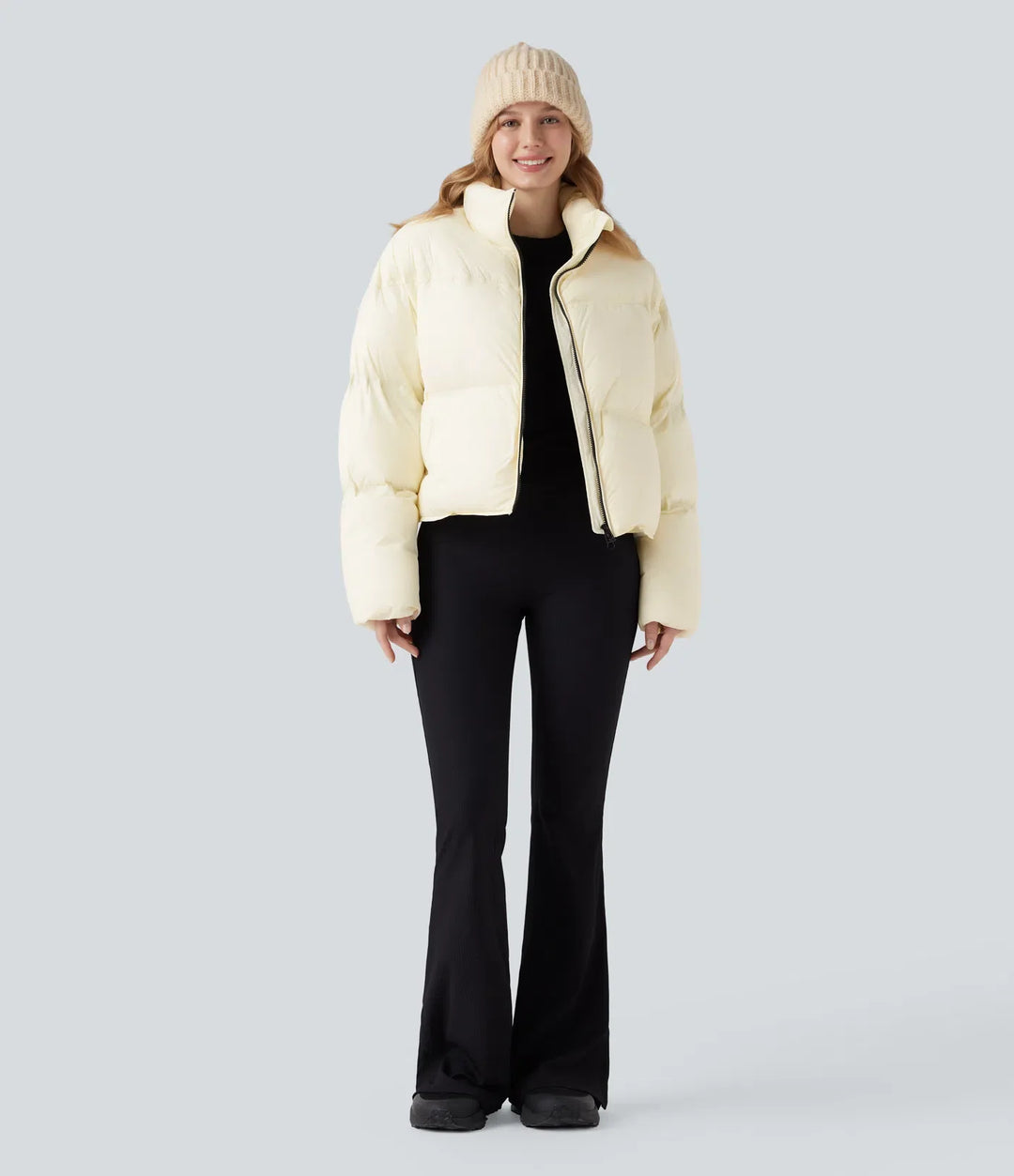 Stand Collar Drawstring Hem Casual Puffer Down Jacket with Pockets