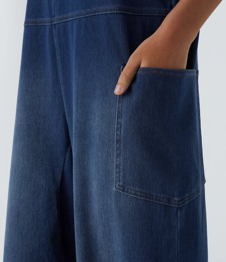Halara Flex V Neck Pocket Washed Denim Casual Dungarees