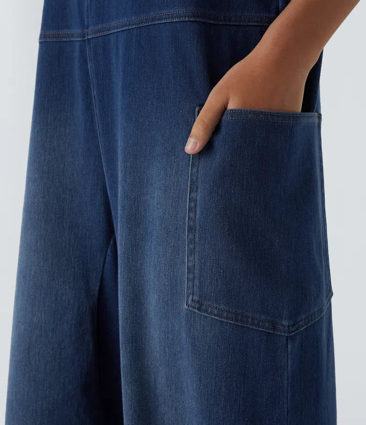 Halara Flex V Neck Pocket Washed Denim Casual Dungarees