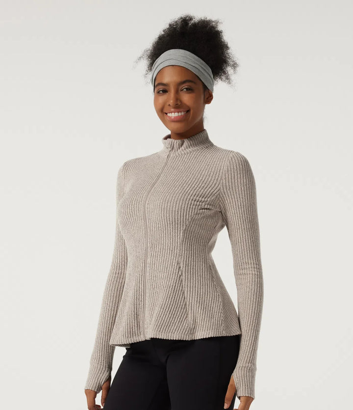 Ribbed Knit Mock Neck Long Sleeve Yoga Track Jacket with Pockets