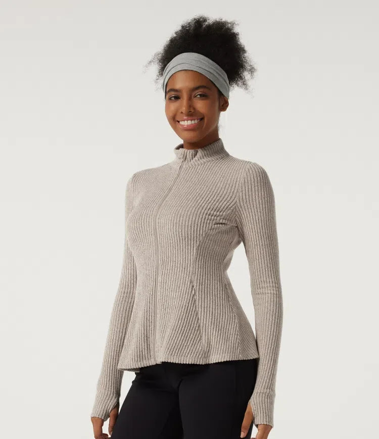 Ribbed Knit Mock Neck Long Sleeve Yoga Track Jacket with Pockets