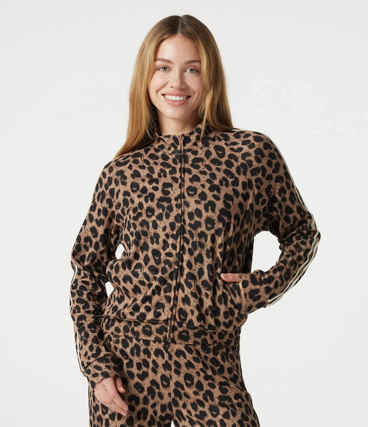 Stand Collar Zipper Long Sleeve Color Block Leopard Print Waffle Casual Jacket with Pockets