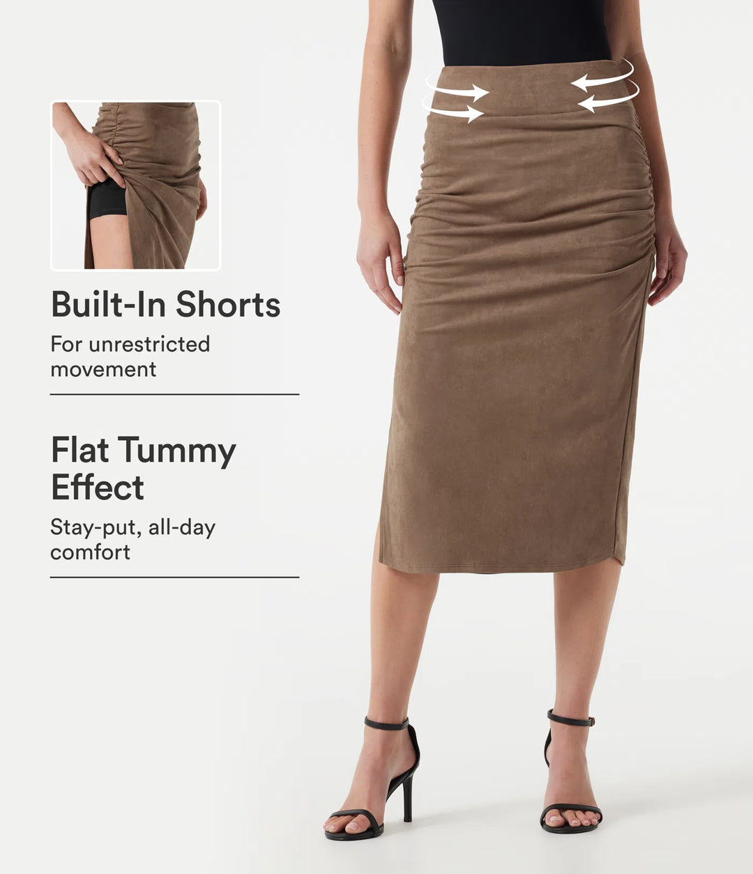 High Waisted Tummy Control Ruched Bodycon 2-in-1 Suede Midi Skirt