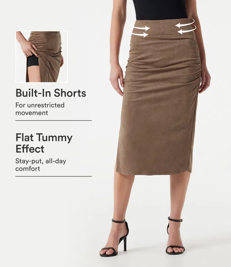 High Waisted Tummy Control Ruched Bodycon 2-in-1 Suede Midi Skirt