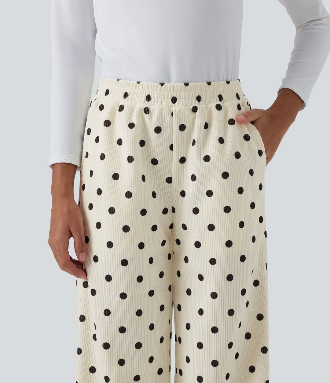 Mid Rise Polka Dot Straight Leg Corduroy Casual Trousers with Pockets