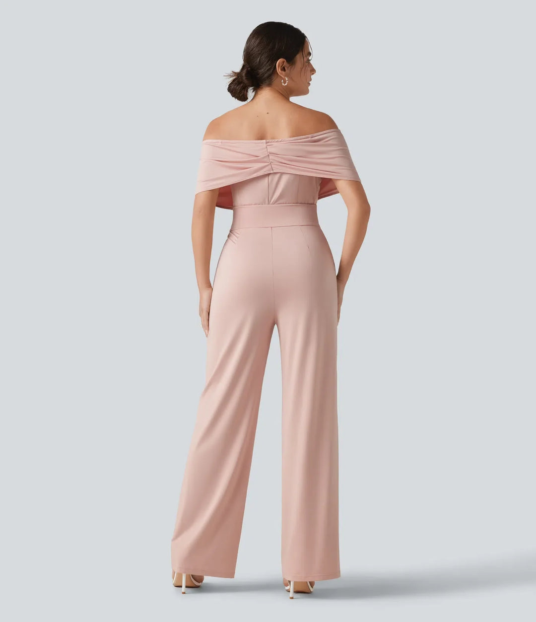 Off Shoulder Built-in Bra Short Sleeve Casual Jumpsuit with Pockets