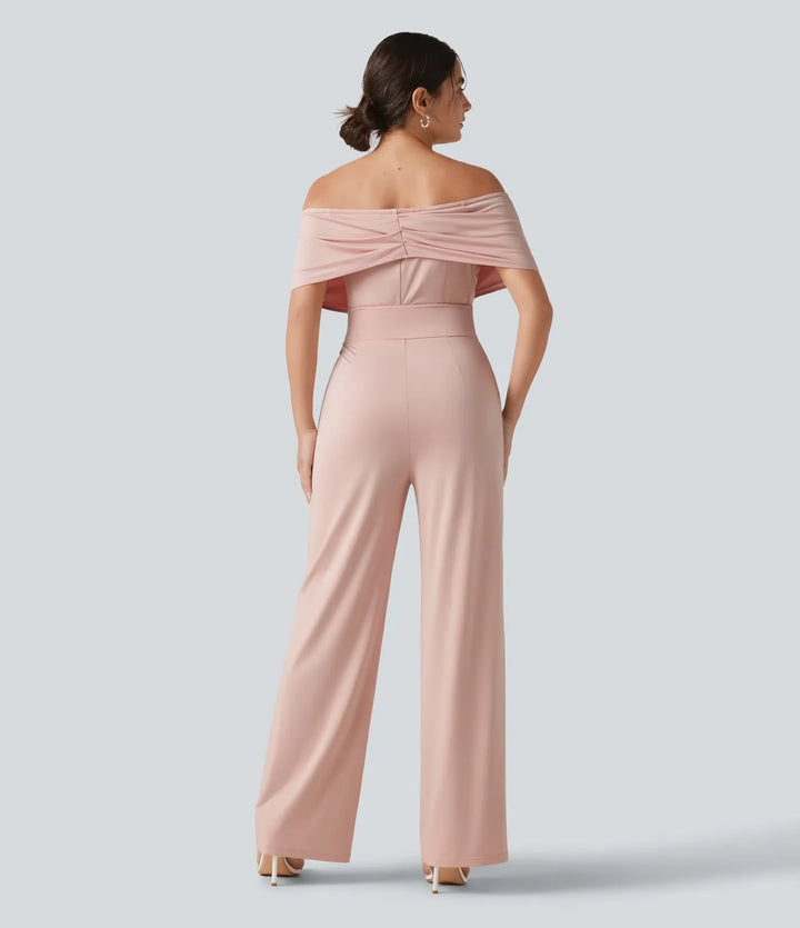 Off Shoulder Built-in Bra Short Sleeve Casual Jumpsuit with Pockets