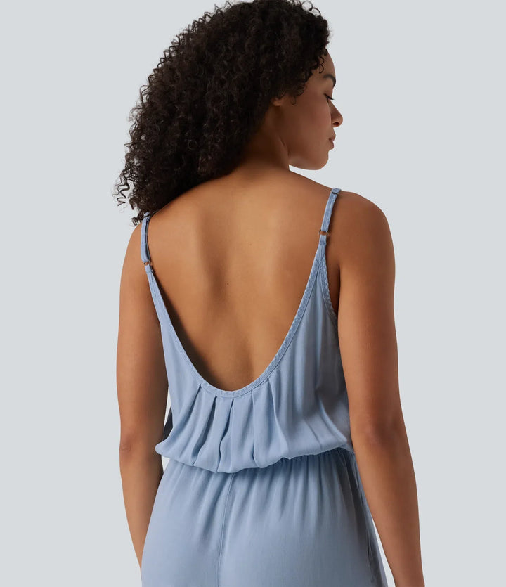 Wide Leg Denim Casual Slip Jumpsuit with Pockets