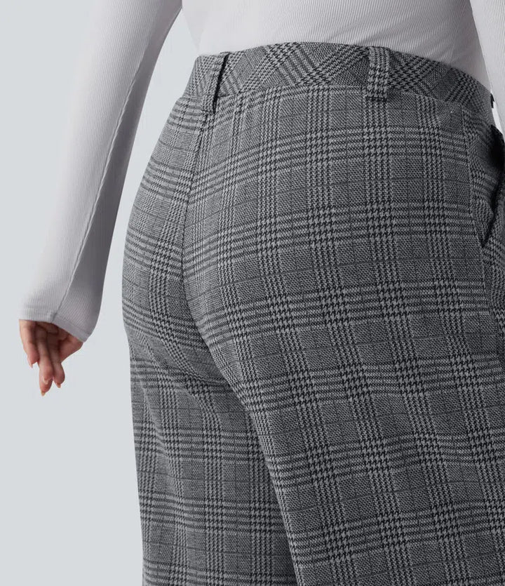 Plus Size High Waisted Wide Leg Houndstooth Plaid Casual Trousers with Pockets