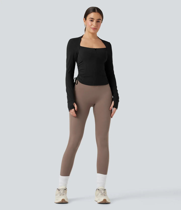 SoftlyZero Plush Long Sleeve Thumb Hole Drawstring Yoga Jacket