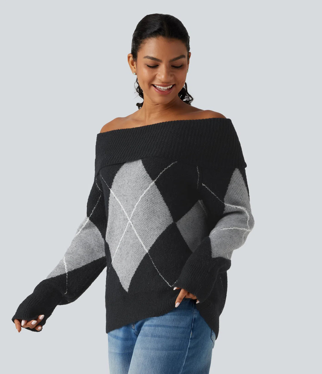 Off Shoulder Long Sleeve Gingham Casual Jumper