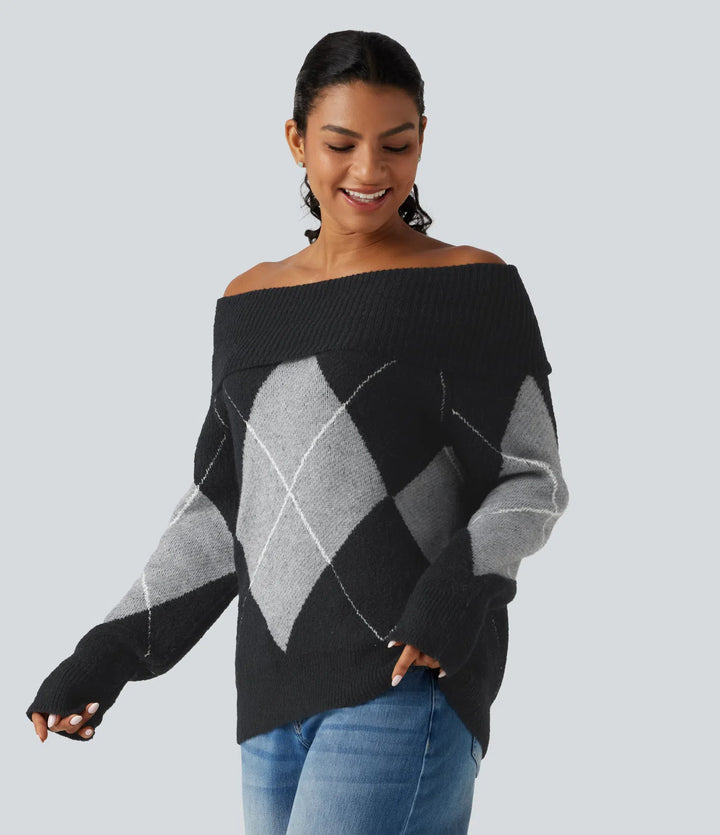 Off Shoulder Long Sleeve Gingham Casual Jumper