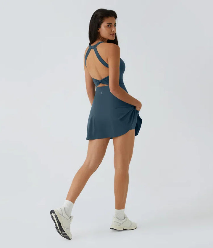 SoftlyZero Airy Backless Twisted Flare Low Support Dance Active Dress-Longer Length-Easy Peezy Edition A-D Cups