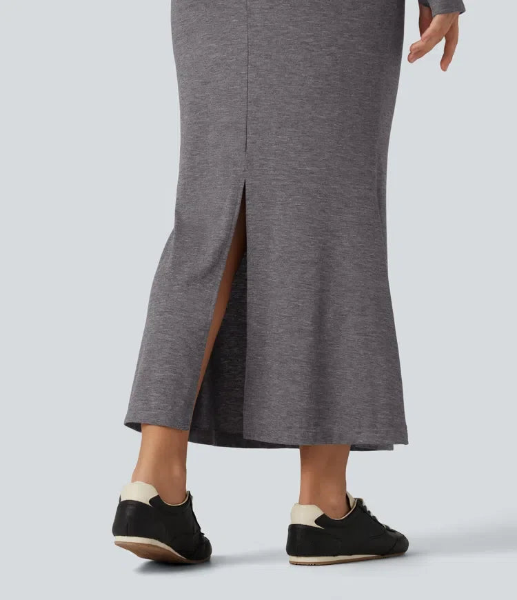 Hooded Long Sleeve Thumb Hole A-Line Maxi Casual Dress with Pocket