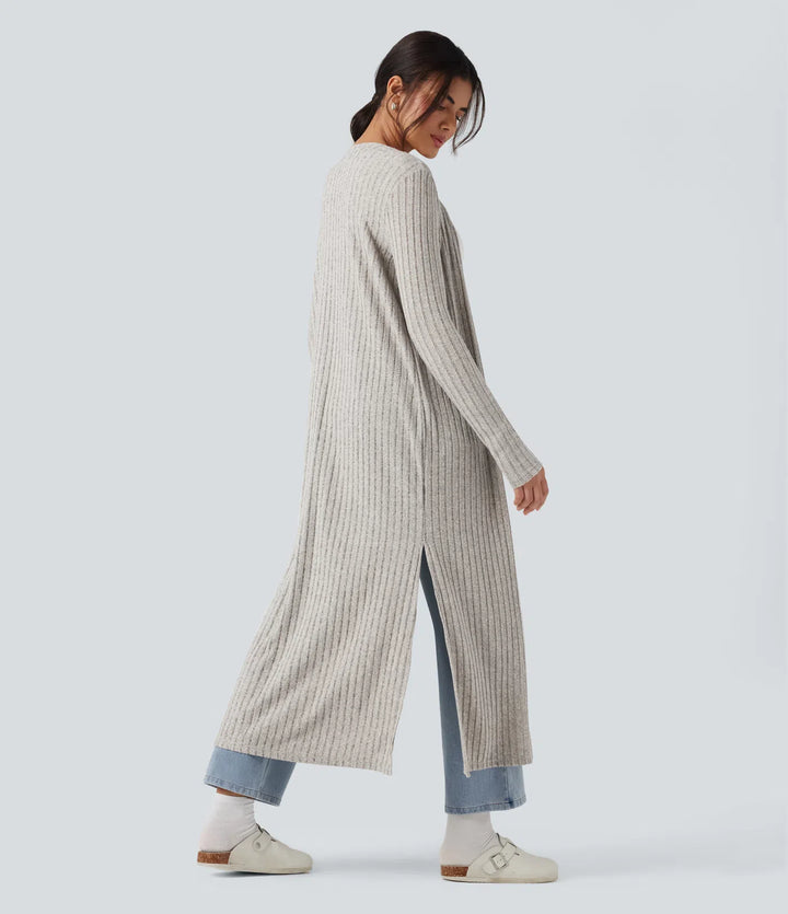 Ribbed Knit Long Sleeve Split Casual Longline Cardigan