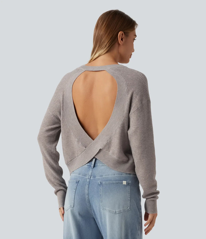 Round Neck Long Sleeve Cut-Out Back Casual Jumper