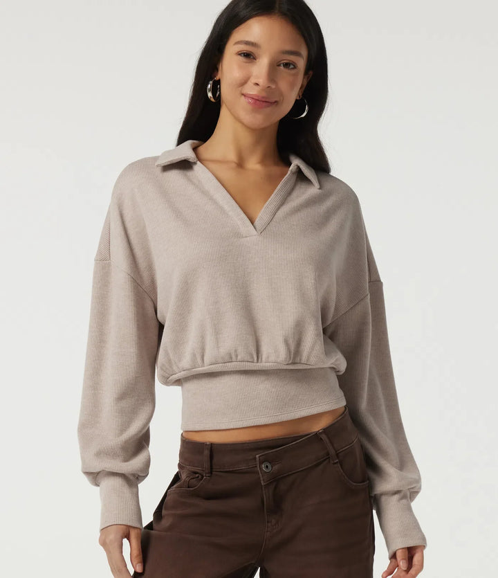 Ribbed Knit Lapel Long Sleeve Casual Top
