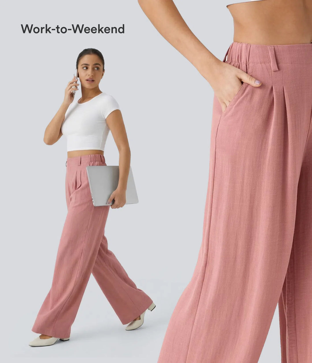 High Waisted Pocket Wide Leg Flowy Solid Palazzo Casual Linen-Feel Trousers