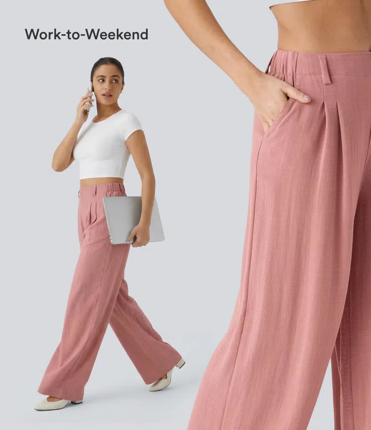 High Waisted Pocket Wide Leg Flowy Solid Palazzo Casual Linen-Feel Trousers