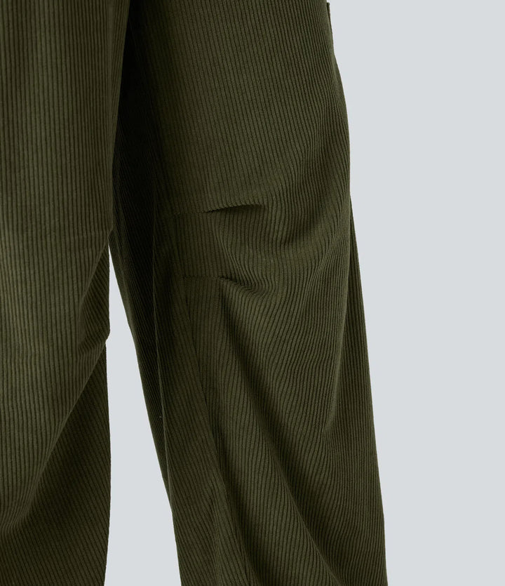 High Waisted Straight Leg Corduroy Casual Trousers with Pockets