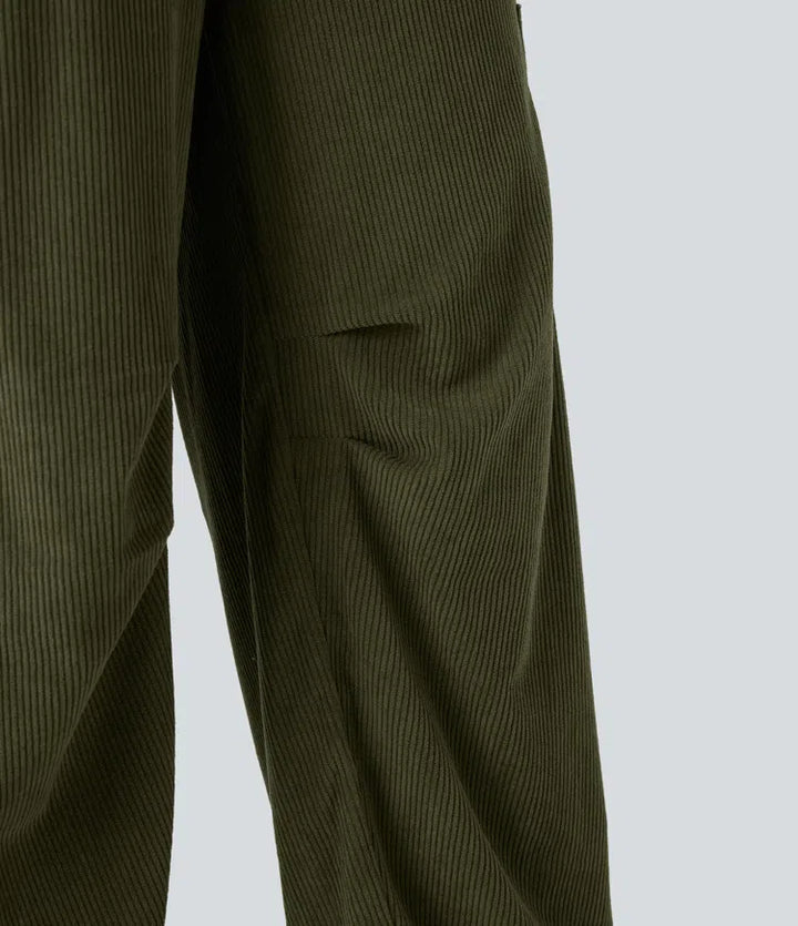 High Waisted Straight Leg Corduroy Casual Trousers with Pockets