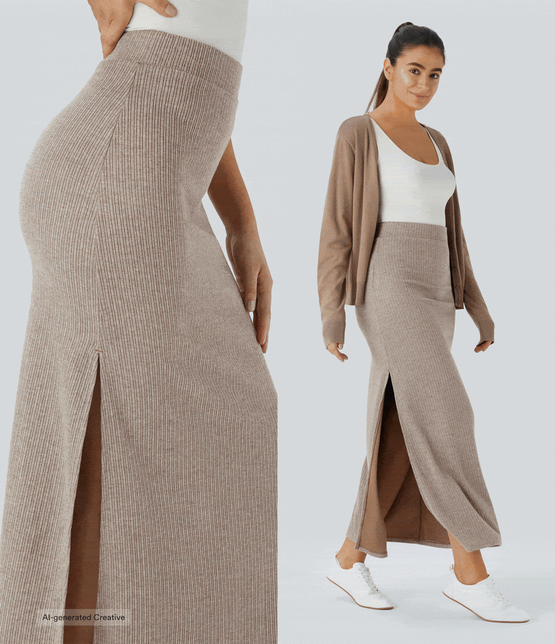 Ribbed High Waisted Hem A Line Maxi Fleece Casual Skirt