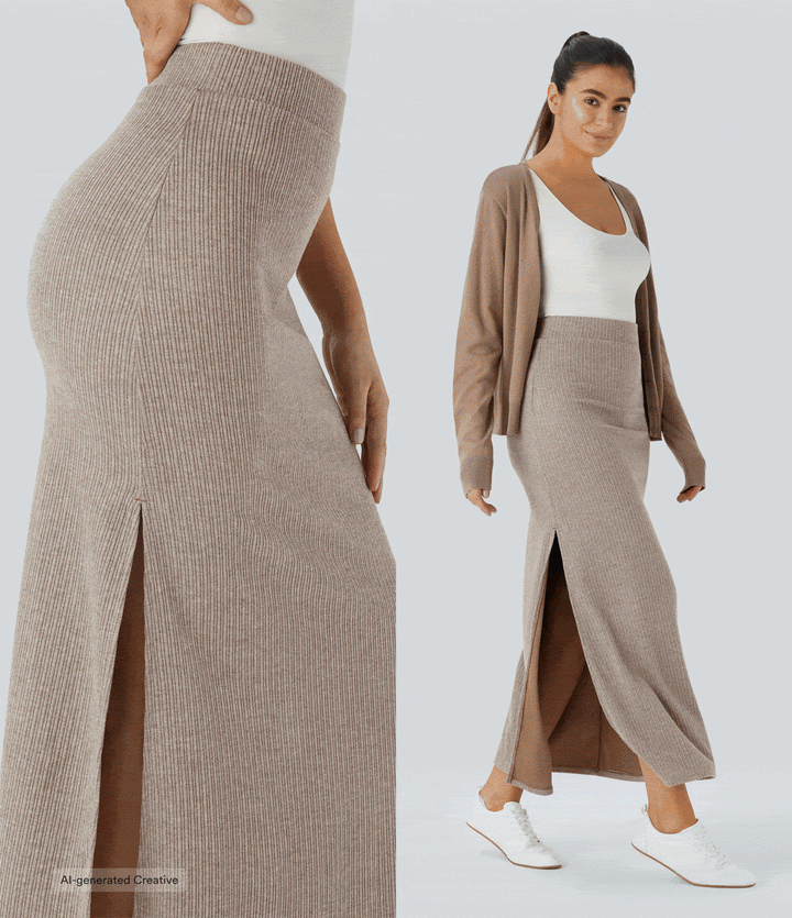 Ribbed High Waisted Hem A Line Maxi Fleece Casual Skirt