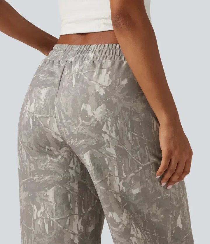Mid Rise Straight Leg Patterned Inner Drawstring Fleece Casual SweatTrousers with Pockets