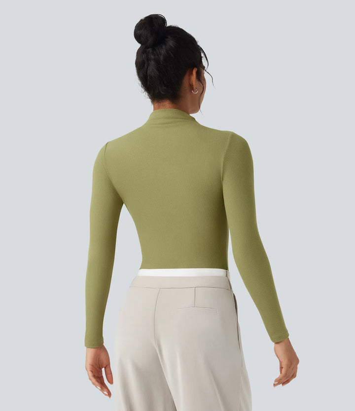 Ribbed Knit High-neck Cut-out Long Sleeve Skinny Work Bodysuit
