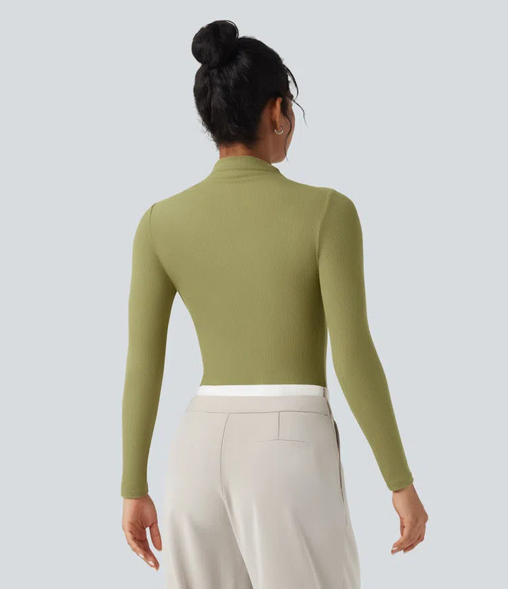Ribbed Knit High-neck Cut-out Long Sleeve Skinny Work Bodysuit