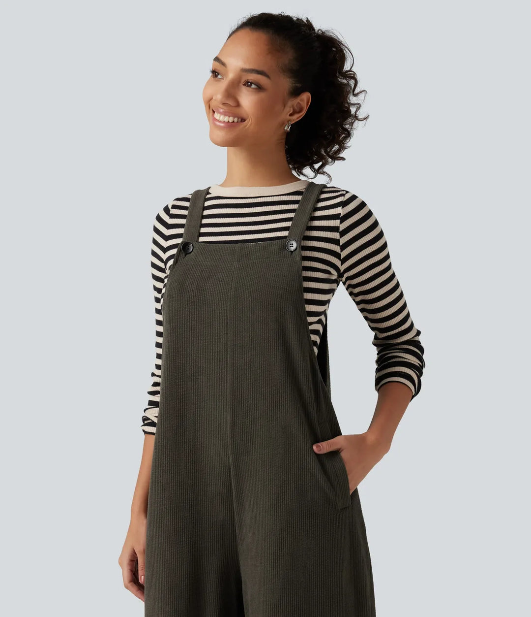 Square Neck Baggy Corduroy Casual Overalls with Pockets