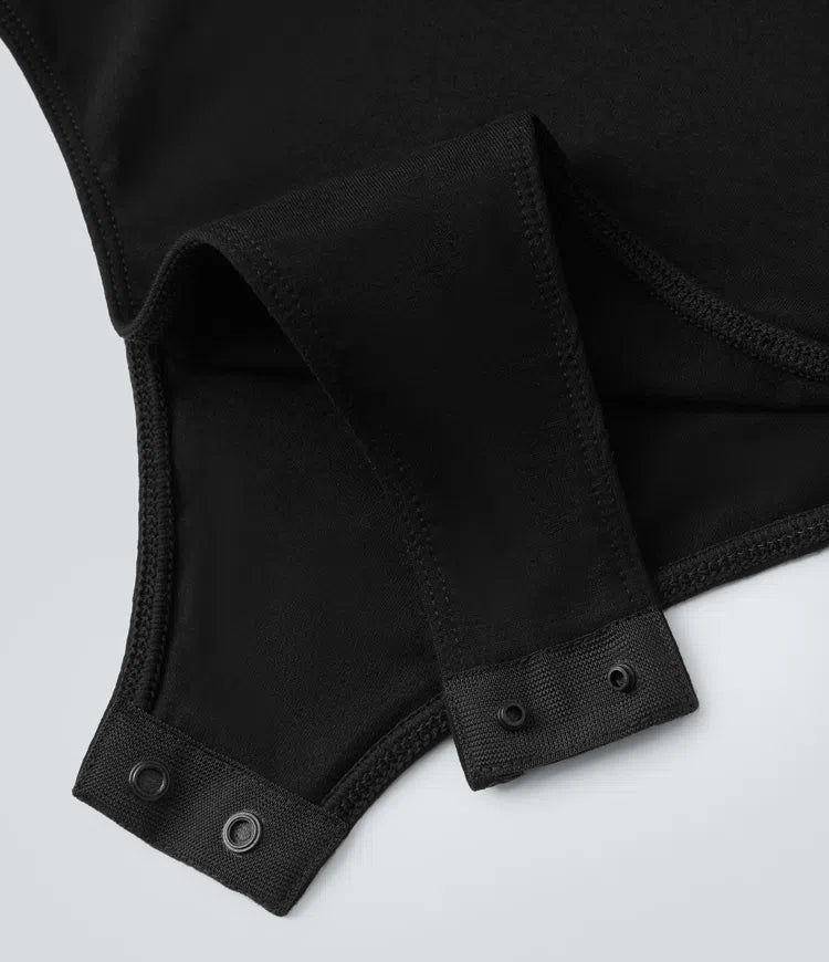 U Neck Long Sleeve Snap Button Skinny Work Bodysuit