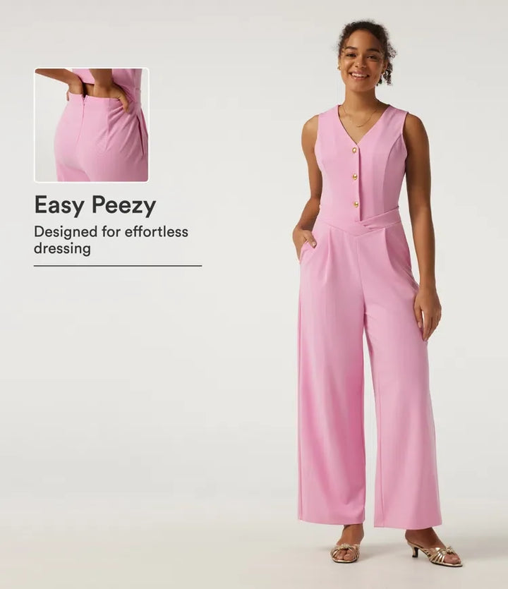V Neck Sleeveless Wide Leg Work Jumpsuit with Pockets - Easy Peezy Edition