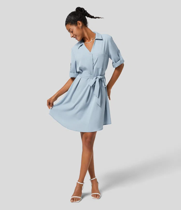 Collared Roll Up Sleeve Belted Relaxed Work Shirt Dress