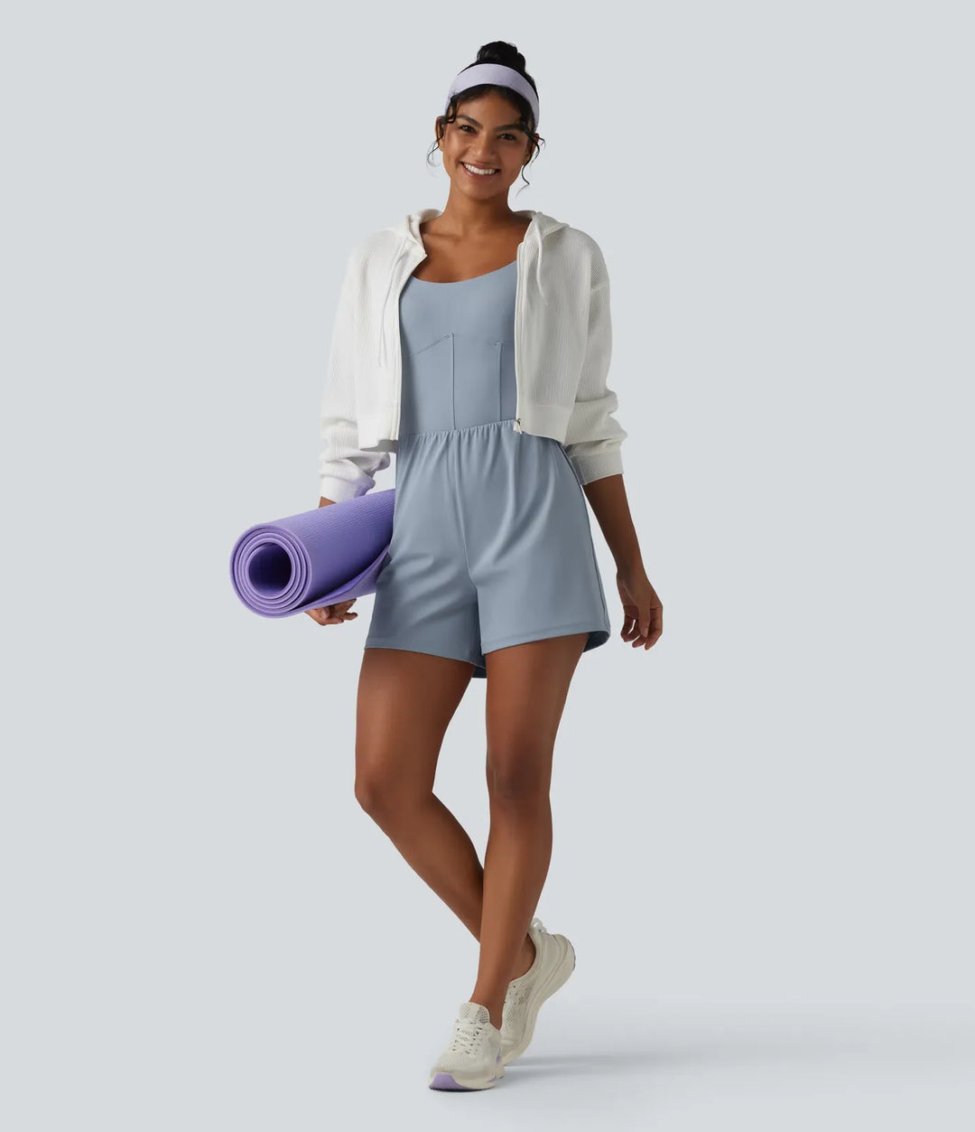SoftlyZero Airy Twisted Backless Adjustable Straps 2-in-1 Built-in Bra InstantCool Yoga Romper with Pocket-Easy Peezy