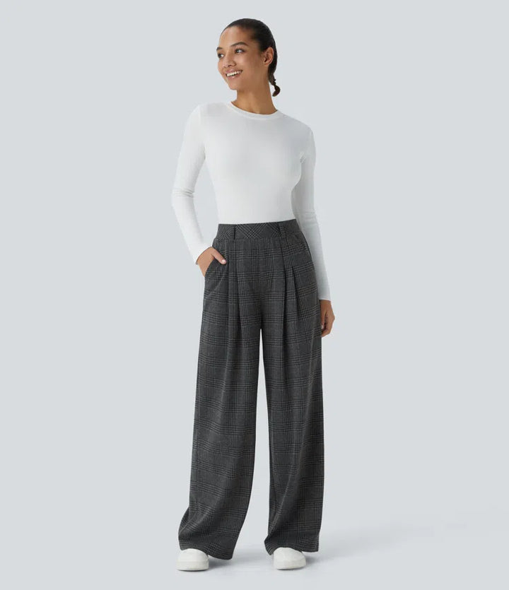 High Waisted Pocket Wide Leg Houndstooth Plaid Casual Trousers