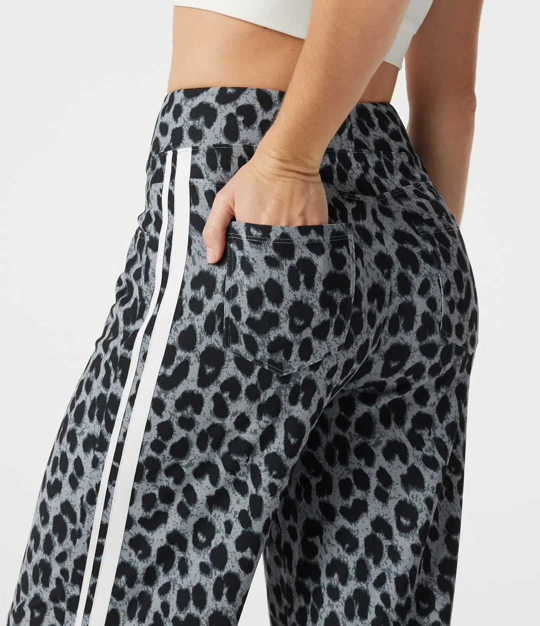 High Waisted Baggy Color Block Leopard Print Waffle Casual Trousers with Pockets