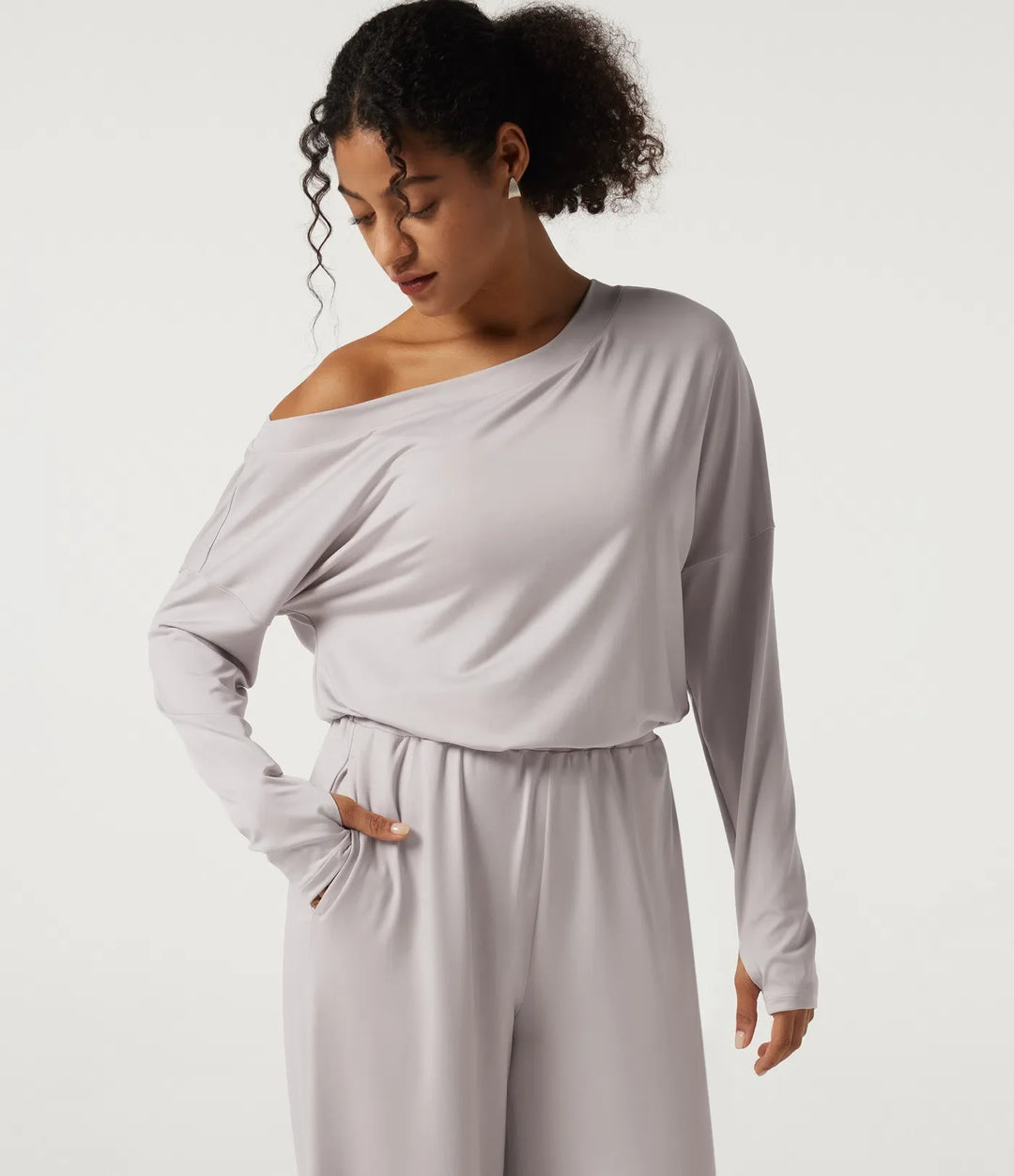 One Shoulder Long Sleeve Wide Leg Casual Jumpsuit with Built-in Bra and Pockets -Easy Peezy Edition