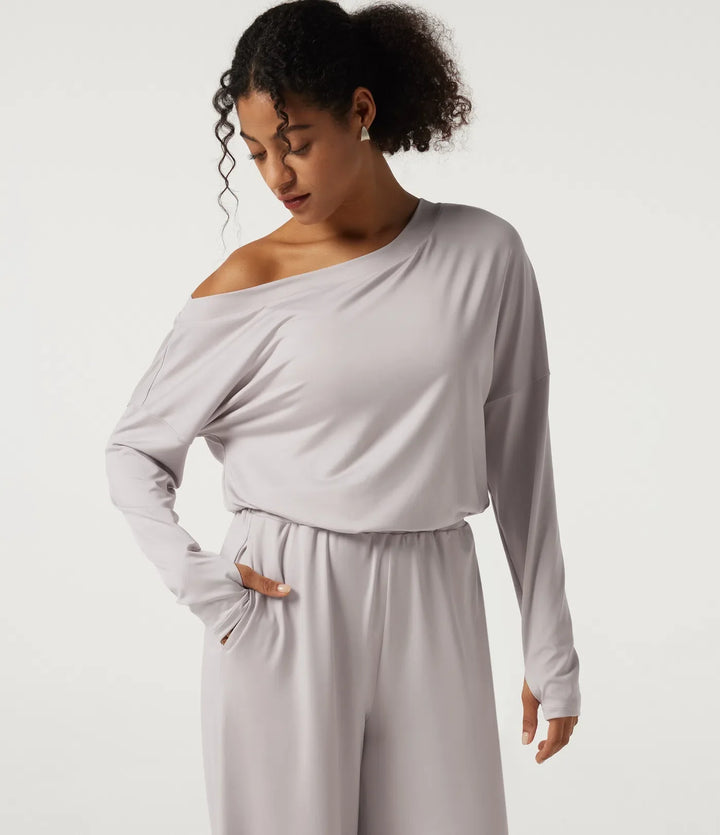One Shoulder Long Sleeve Wide Leg Casual Jumpsuit with Built-in Bra and Pockets -Easy Peezy Edition