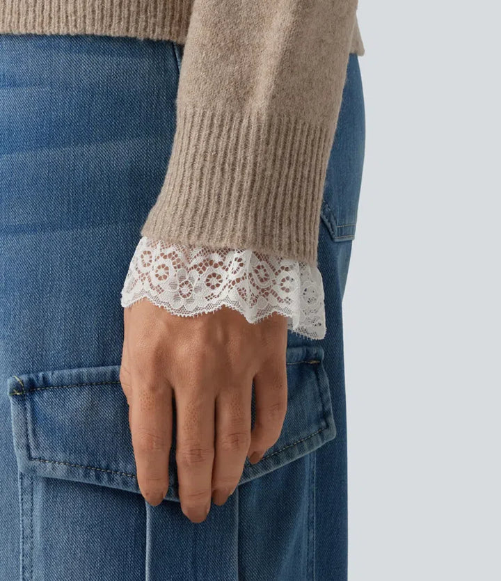 V Neck Contrast Lace Dropped Long Sleeve Casual Jumper
