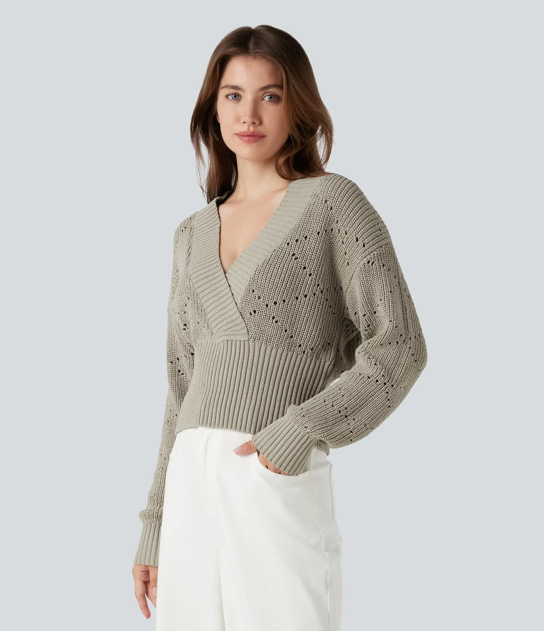 V-neck Long Sleeve Hollow Out Work Jumper