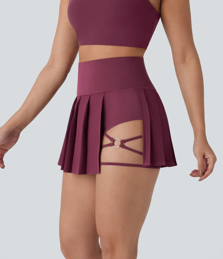 Breezeful High Waisted Pleated 2-in-1 Side &amp; Pocket Asymmetric Hem Quick Dry Mini Dance Skirt