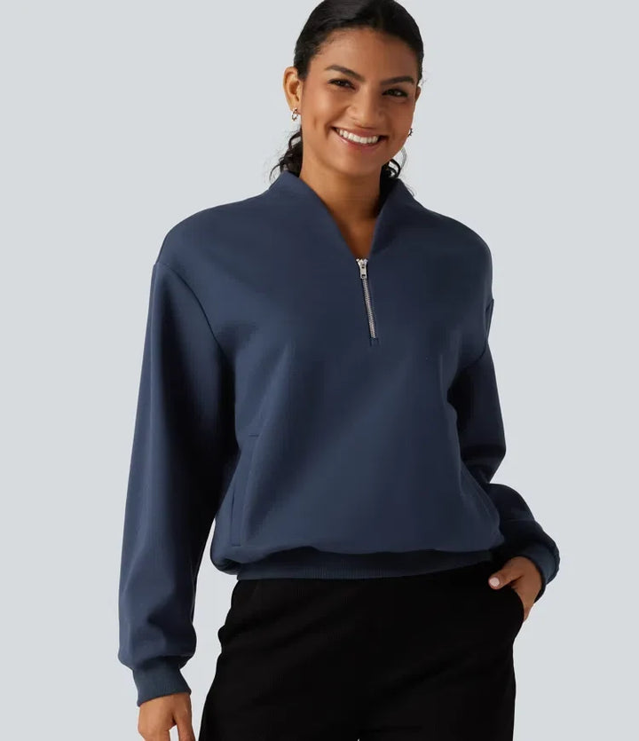 Stand Collar Long Sleeve Casual Cotton Sweatshirt with Pockets