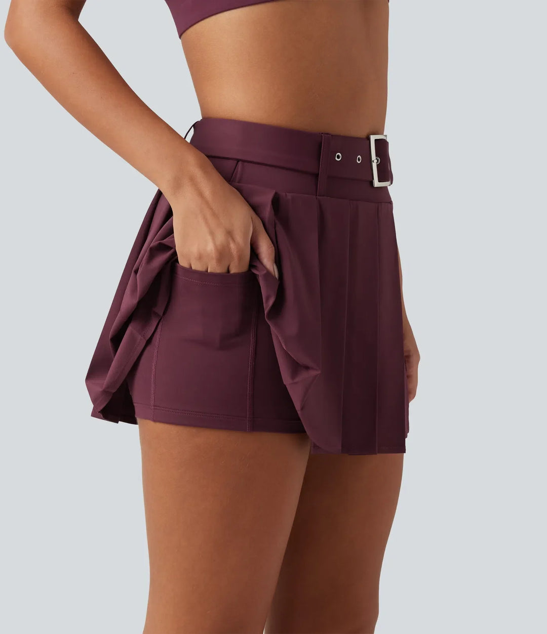 Breezeful Mid Rise Belted 2-in-1 Pleated Asymmetric Hem Quick Dry Micro Mini Dance Skirt with Pocket