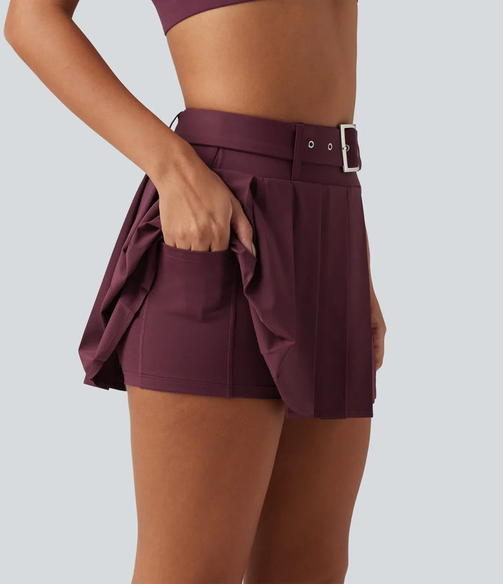 Breezeful Mid Rise Belted 2-in-1 Pleated Asymmetric Hem Quick Dry Micro Mini Dance Skirt with Pocket