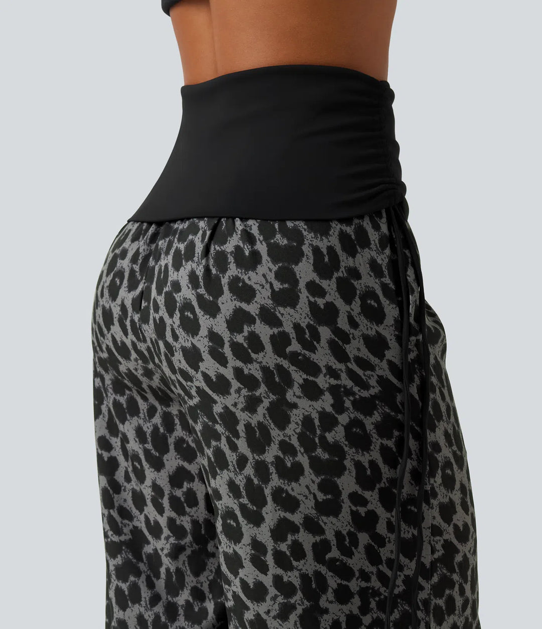Foldover High Waisted Ruched Drawstring Baggy Leopard Print Casual Trousers with Pockets
