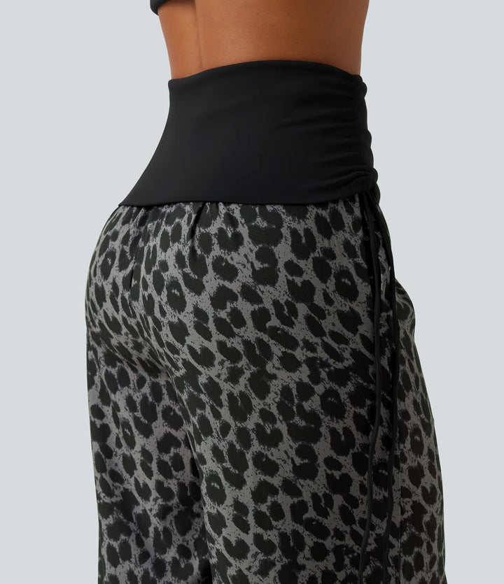 Foldover High Waisted Ruched Drawstring Baggy Leopard Print Casual Trousers with Pockets