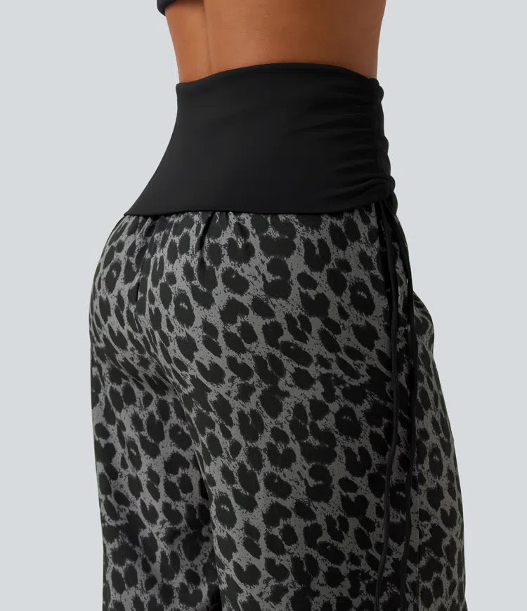 Foldover High Waisted Ruched Drawstring Baggy Leopard Print Casual Trousers with Pockets